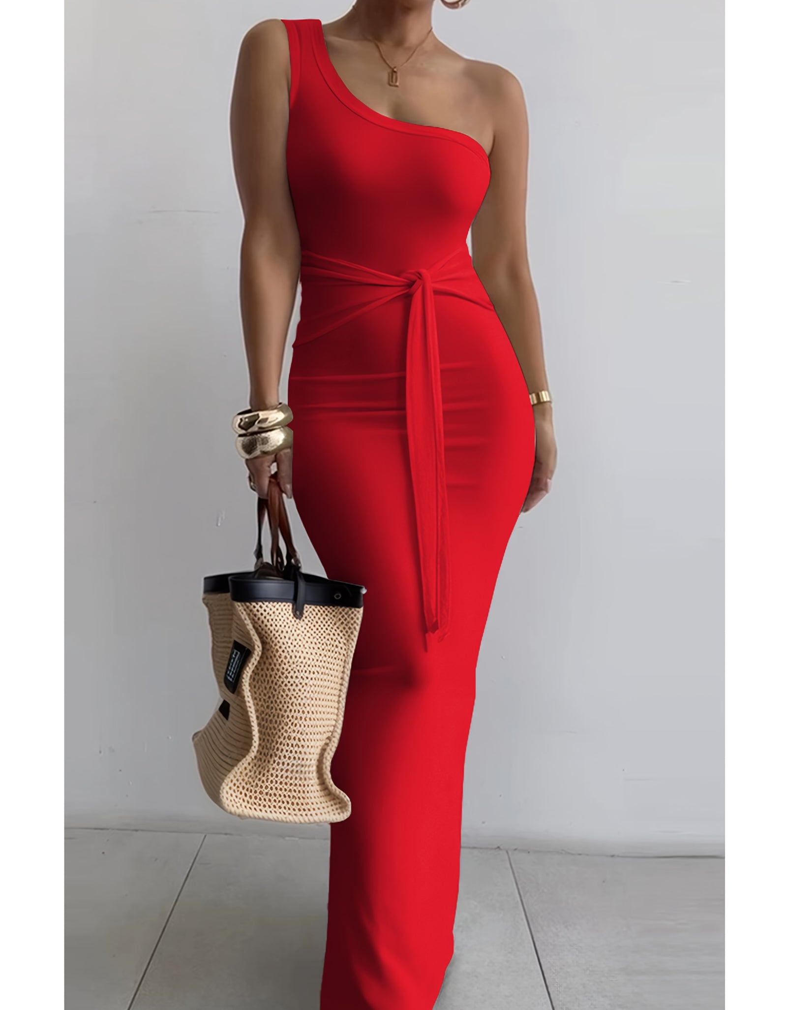 Women's Summer One-Shoulder Waist Tie Slim-Fit Pencil Dress - Sleeveless Elegant Solid Blue Long Dress for Casual & Formal Occasions