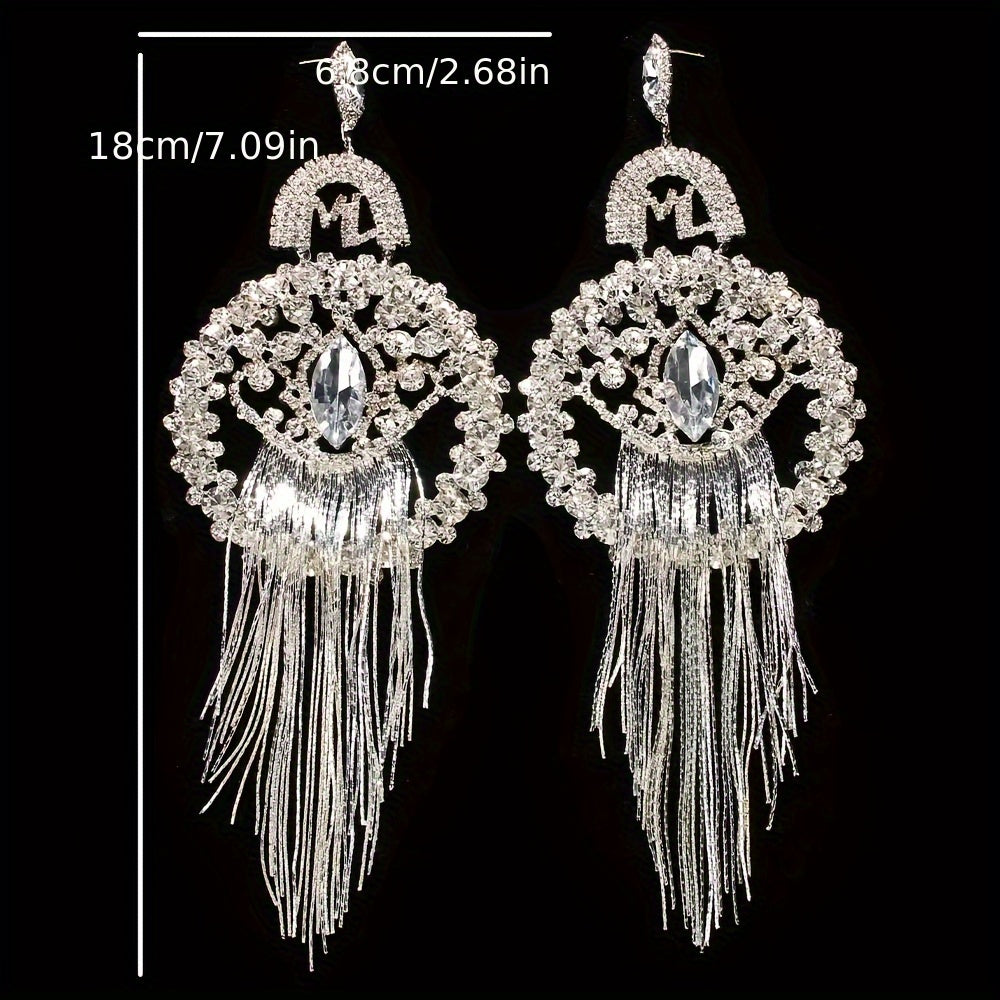 Elegant & Bold Oversized Tassel Drop Earrings - Glamorous Queen-Inspired Fashion Accessory with Sparkling Rhinestones, Stainless Steel Posts, Novelty Earrings for Parties and Everyday Glam