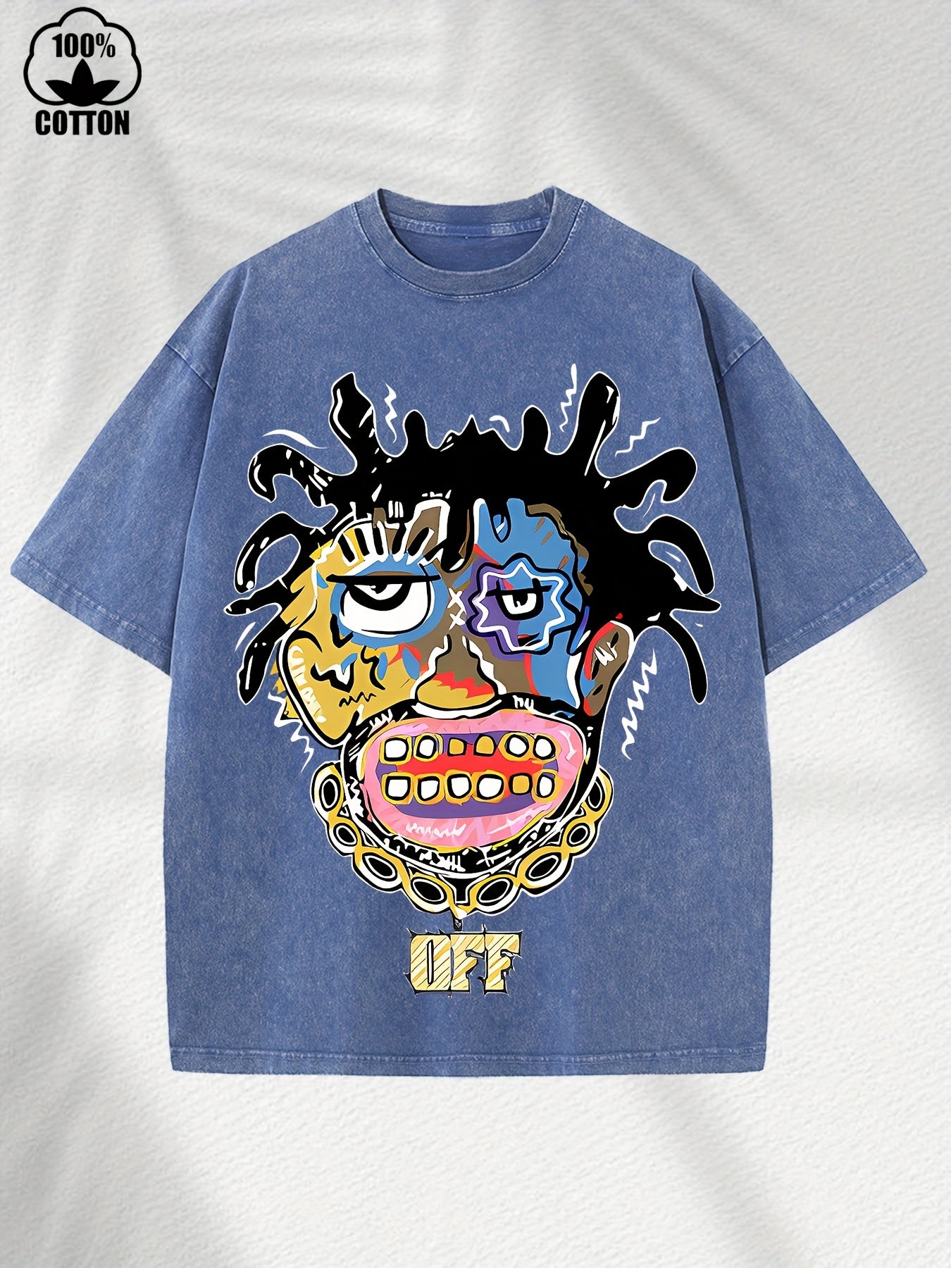 Home Relaxation | Men's Trendy Washed Cotton Graphic Tee - Blue Short Sleeve with Colorful Abstract Face & "OFF" Print, Casual Summer Shirt