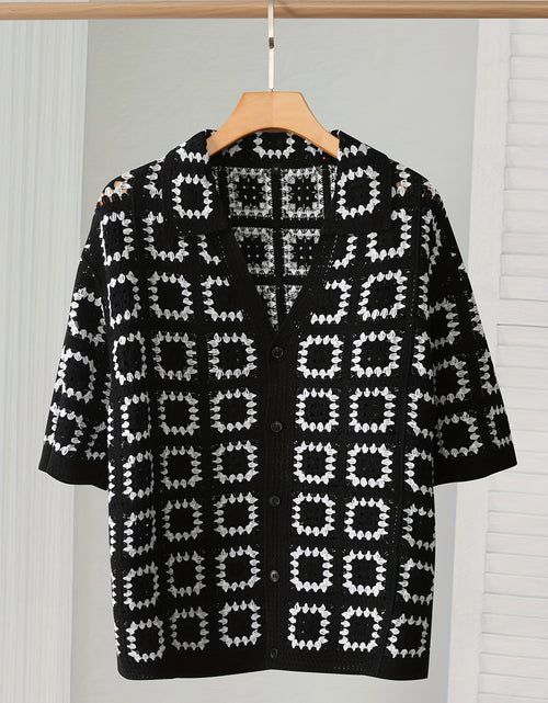 Load image into Gallery viewer, Men's Geometric Crochet Cardigan - Black & White Contrast Short Sleeve Open Front Button Detail, Relaxed Fit Casual All-Season Knit Sweater, Versatile Fashion, Classic Turndown Collar, Elegant Button Closure