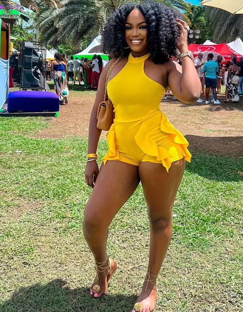 Load image into Gallery viewer, Women's Sexy Halter-Neck Romper with Flirty Ruffle Hem - Sleeveless Vibrant Yellow Stretchy Machine-Washable Jumpsuit for Spring/Summer Outings, Beach Parties & Casual Wear, Beach Dresses