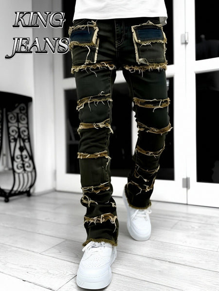 - Men Slim Straight Denim Trousers Featuring Layered Rips And Patchwork - Mid-Rise with a Zipper, Fringed Design, Ideal for Street Fashion,