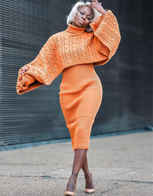 Load image into Gallery viewer, Women 2pcs High Neck Cape Sleeves Sweater Tops And Tank Dress Set - Chic And Casual Style For Fall , Winter