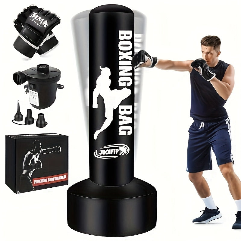 68" Freestanding Punching Bag with Stand for Adults - Inflatable Heavy Bag for Kickboxing, MMA, Muay Thai Training - Includes Pump and Gloves - Black, Home Gym Equipment | Boxing Motif Design