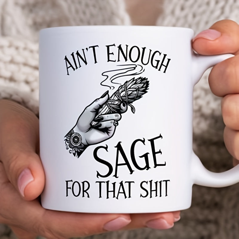 11oz Insulated Ceramic Mug - Reusable  Sage Printed Tea Cup, Hand Wash Only