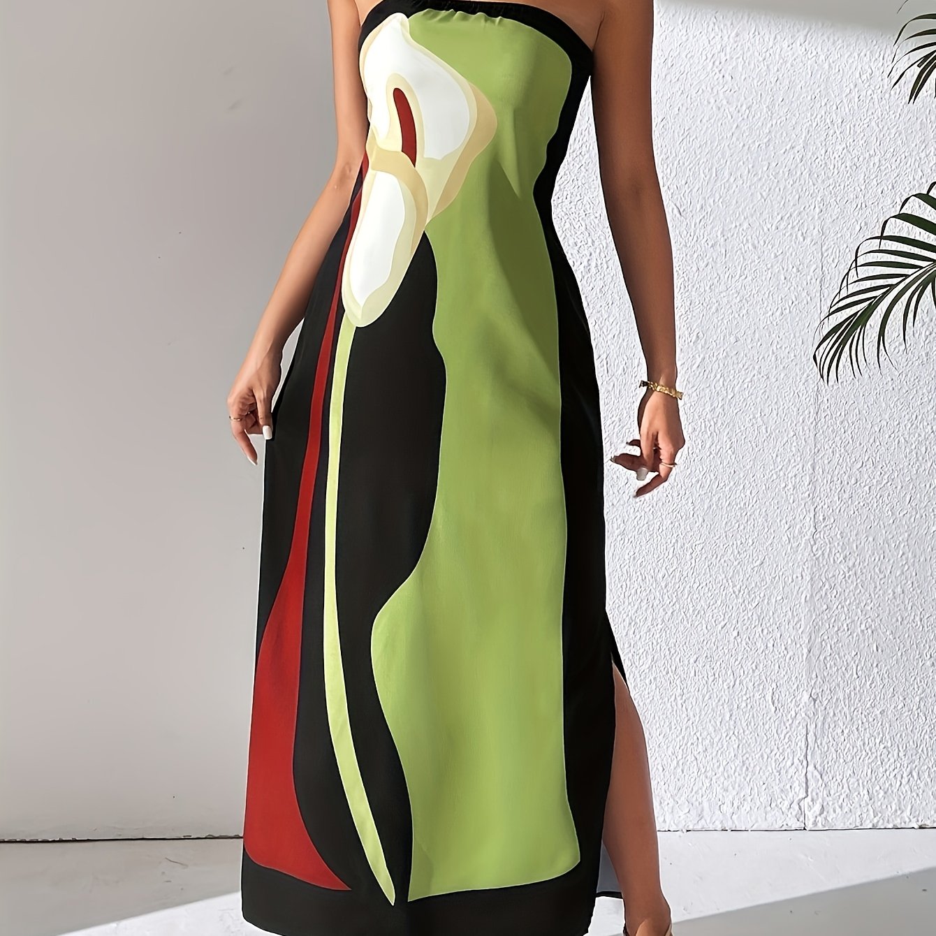Women'S Spring And Summer Casual Elegant Women'S Avocado Print Strapless Midi Dress