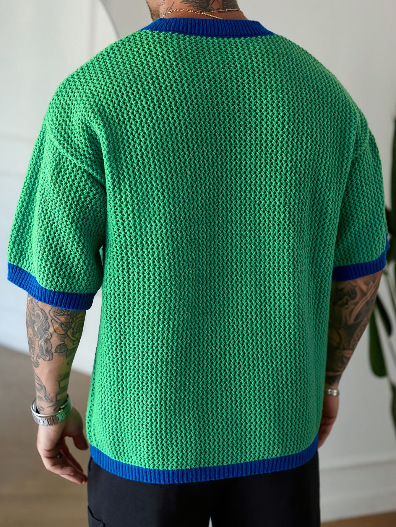 Men Vintage Style Knit Jersey - Loose Fit, Short Sleeve, V-Neck Pullover Fashionable