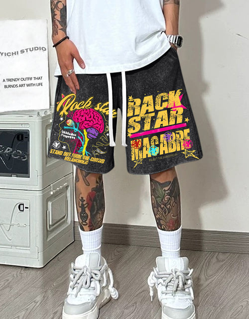 Load image into Gallery viewer, Men's Rockstar Graphic Print Cotton Shorts - 100% Washed Cotton, Breathable & Comfortable Casual Summer Wear with Pockets, Vibrant "ROCK STAR MAGAZINE" Design