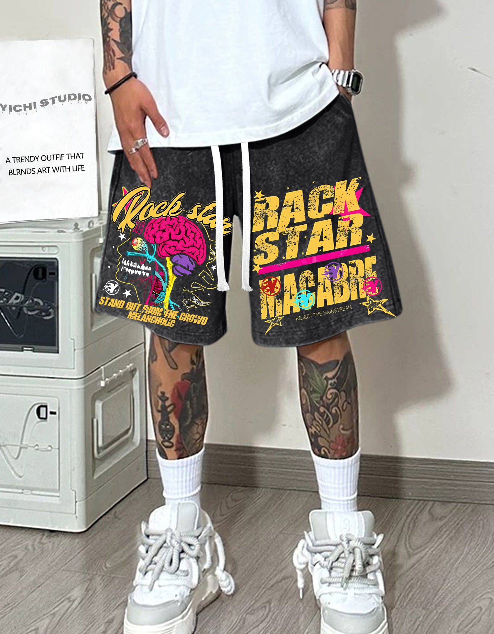 Men's Rockstar Graphic Print Cotton Shorts - 100% Washed Cotton, Breathable & Comfortable Casual Summer Wear with Pockets, Vibrant "ROCK STAR MAGAZINE" Design