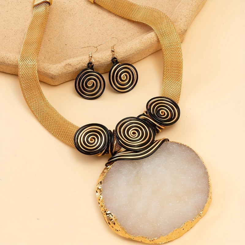 Bo ho-Chic Handcrafted Aluminum Alloy & Natural Stone Jewelry Set - Includes Pendant Necklace and Earrings, Perfect for Parties & Casual Attire