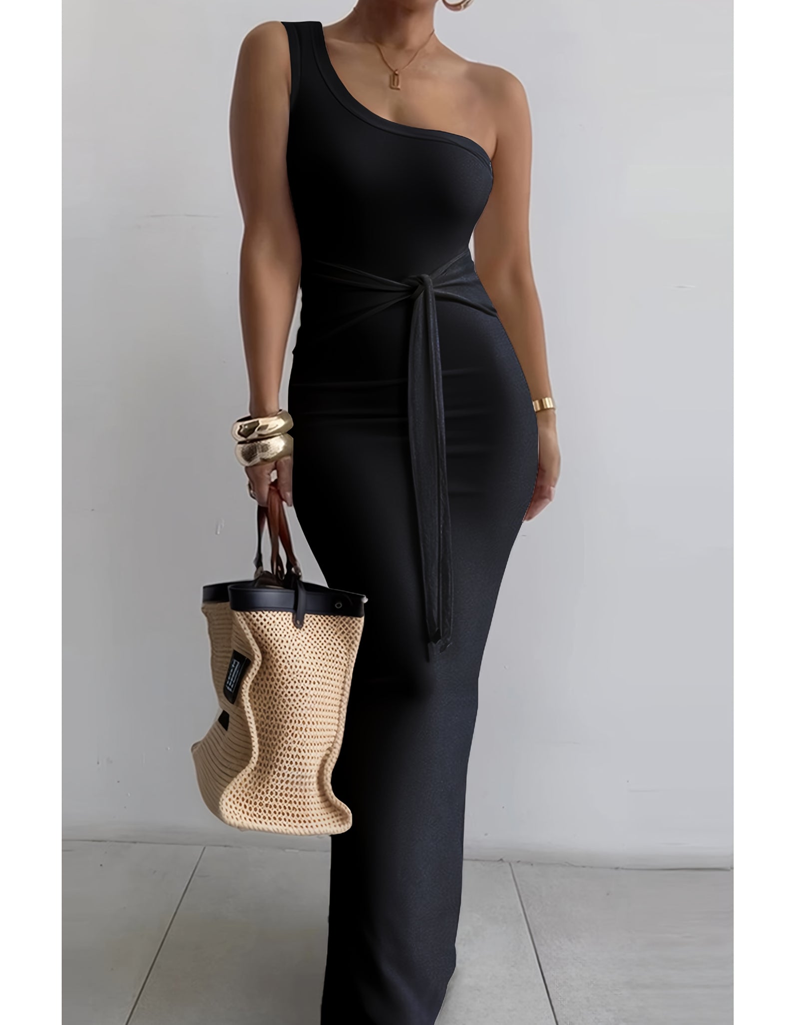 Women's Summer One-Shoulder Waist Tie Slim-Fit Pencil Dress - Sleeveless Elegant Solid Blue Long Dress for Casual & Formal Occasions