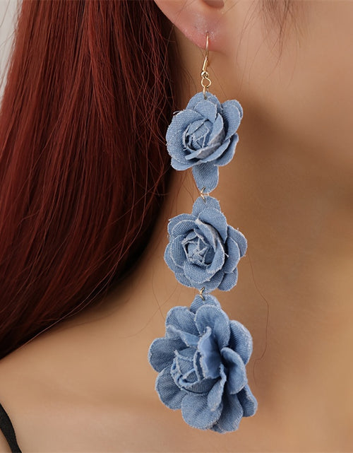 Load image into Gallery viewer, Vibrant Bohemian Rose Drop Earrings - Dazzling Polyester Fabric Flowers, Hypoallergenic Stainless Steel Hooks, No Plating, Ultra-Lightweight Long Tassel Design for Women