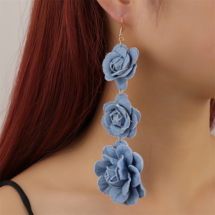 Vibrant Bohemian Rose Drop Earrings - Dazzling Polyester Fabric Flowers, Hypoallergenic Stainless Steel Hooks, No Plating, Ultra-Lightweight Long Tassel Design for Women