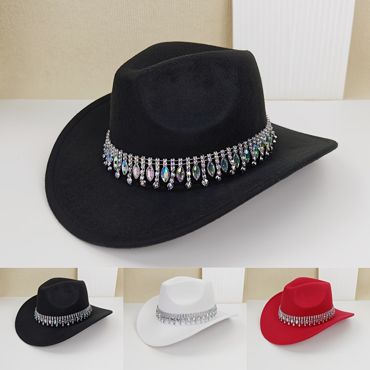 Lightweight Chic Rhinestone Belt Cowboy Hat for Women - Sparkling Water Drop Design