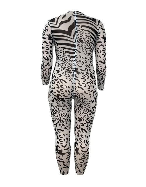 Load image into Gallery viewer, Women's plus Size Zebra & Leopard Print Jumpsuit High-Waisted Stretchy Knit Fabric round Neck Long Sleeve Zipper Back Elegant for Spring/Fall