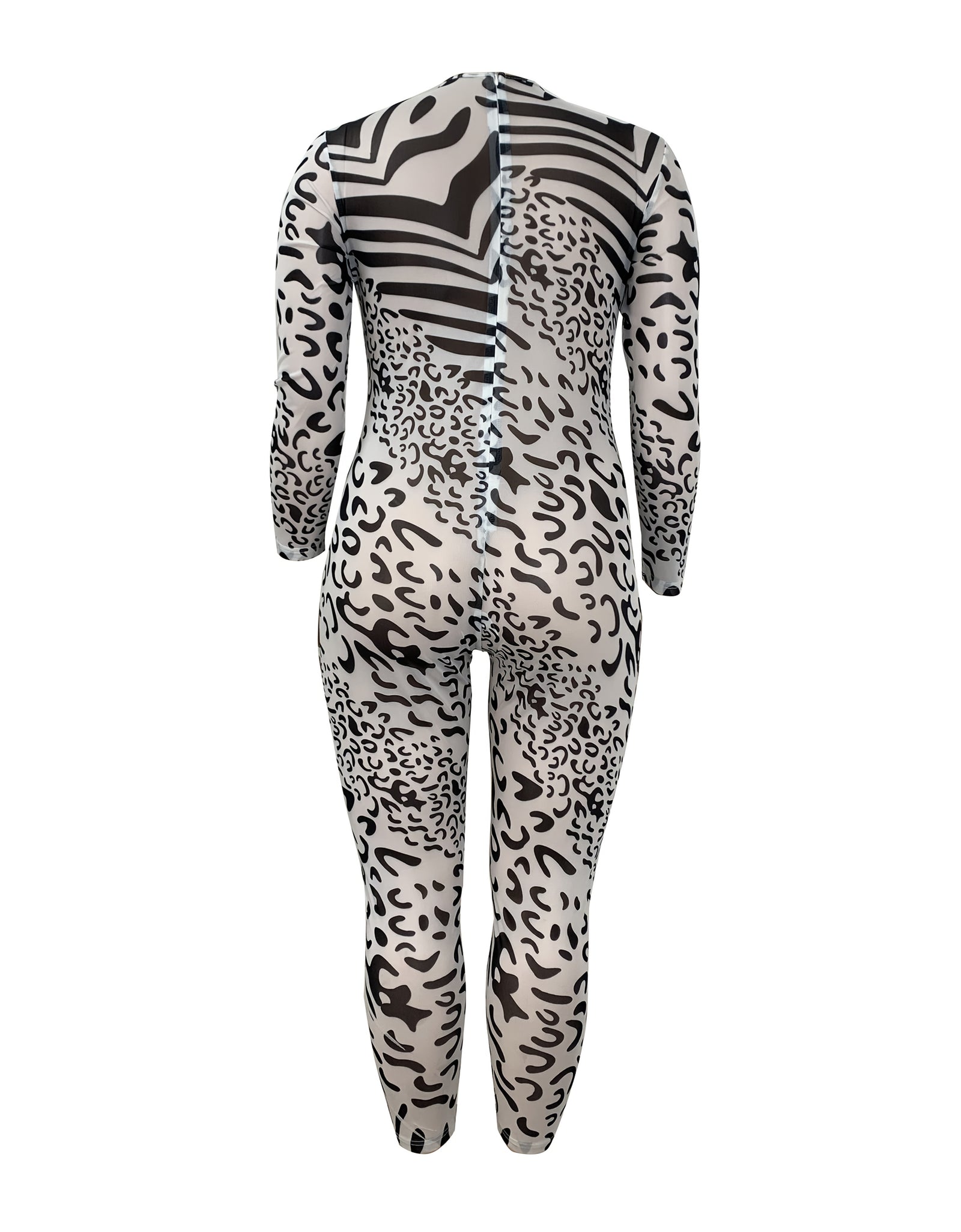 Women's plus Size Zebra & Leopard Print Jumpsuit High-Waisted Stretchy Knit Fabric round Neck Long Sleeve Zipper Back Elegant for Spring/Fall