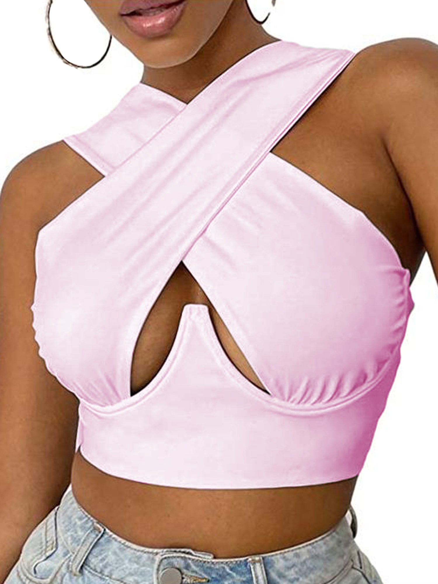Slim Fit Sleeveless Summer Vest - Women Cropped Tops, Solid Color Hollow Out Crossed Design