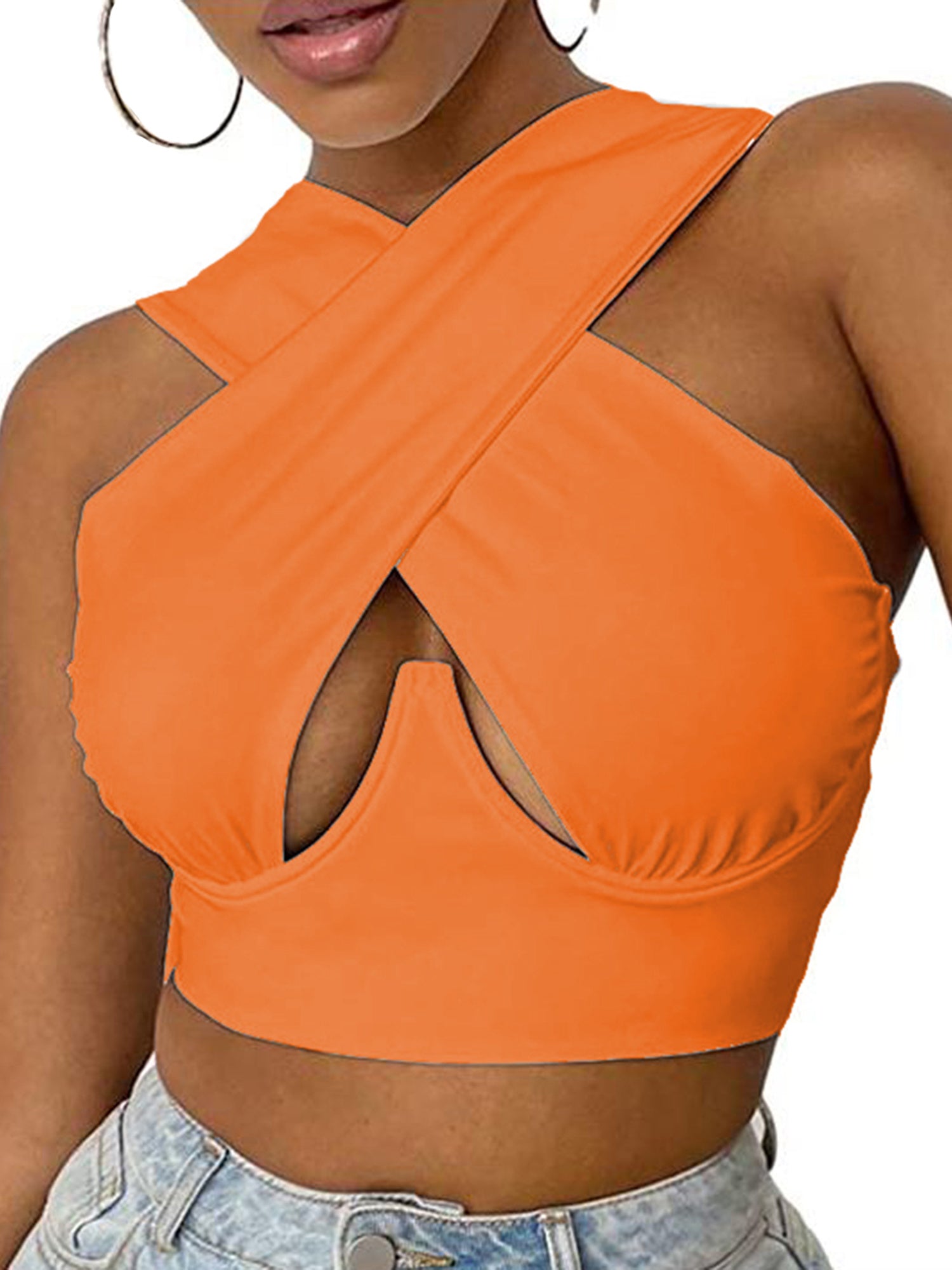 Slim Fit Sleeveless Summer Vest - Women Cropped Tops, Solid Color Hollow Out Crossed Design