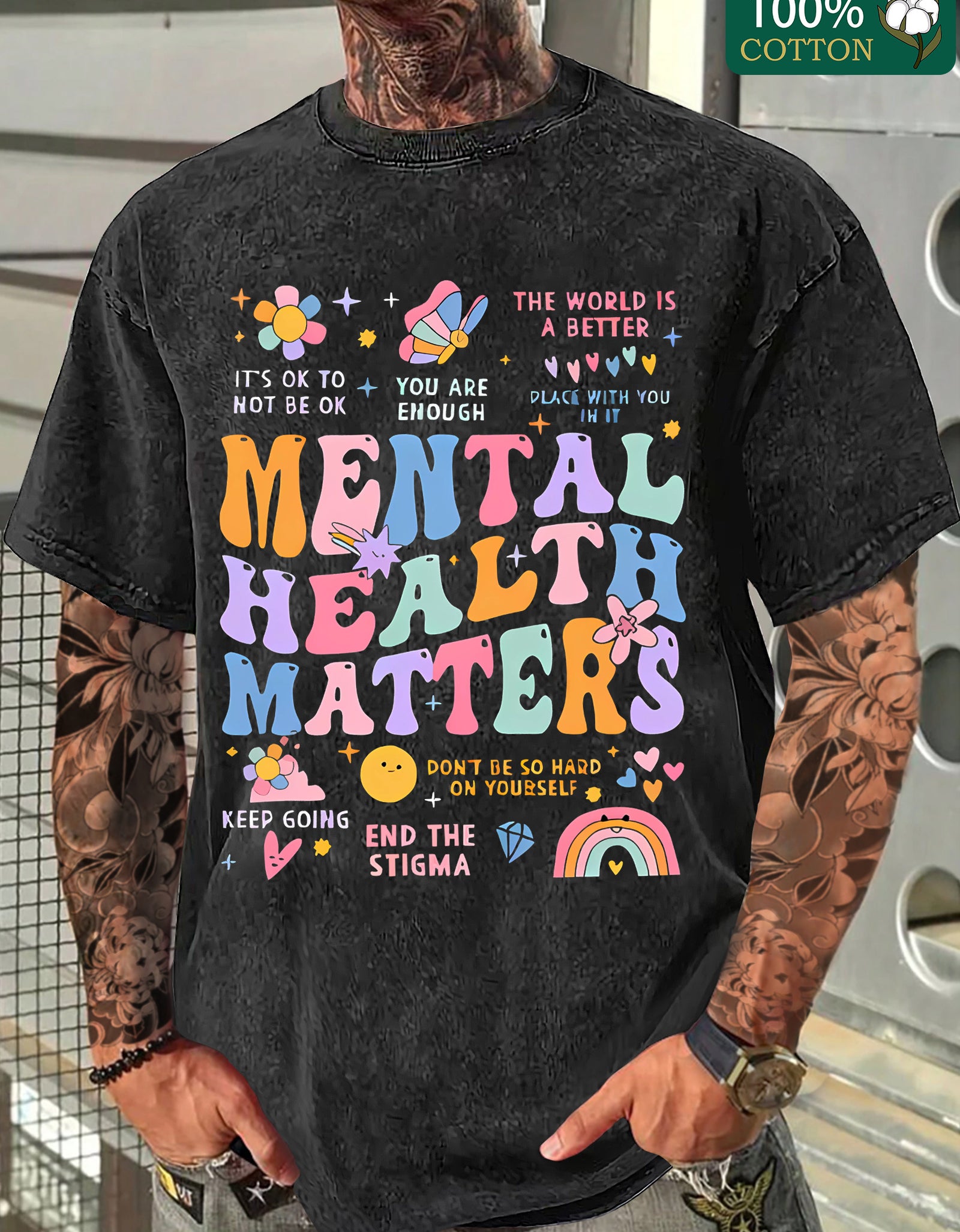 Vibrant Graphic Print Crew Neck T-Shirt - Men's Fashion Casual Short Sleeve Cotton Tee  Washed Aged Cotton, Relaxed Fit for Everyday Wear