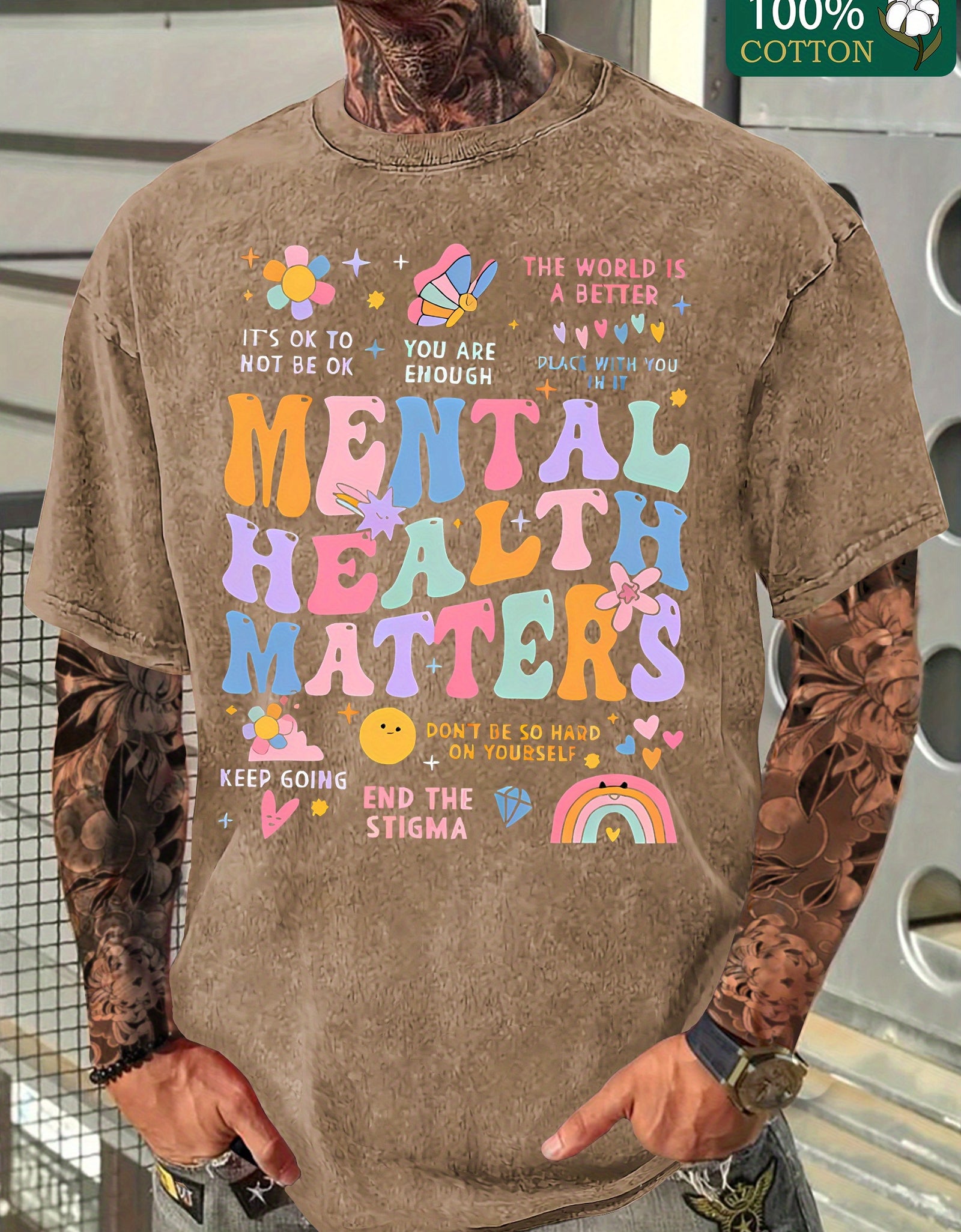Vibrant Graphic Print Crew Neck T-Shirt - Men's Fashion Casual Short Sleeve Cotton Tee  Washed Aged Cotton, Relaxed Fit for Everyday Wear