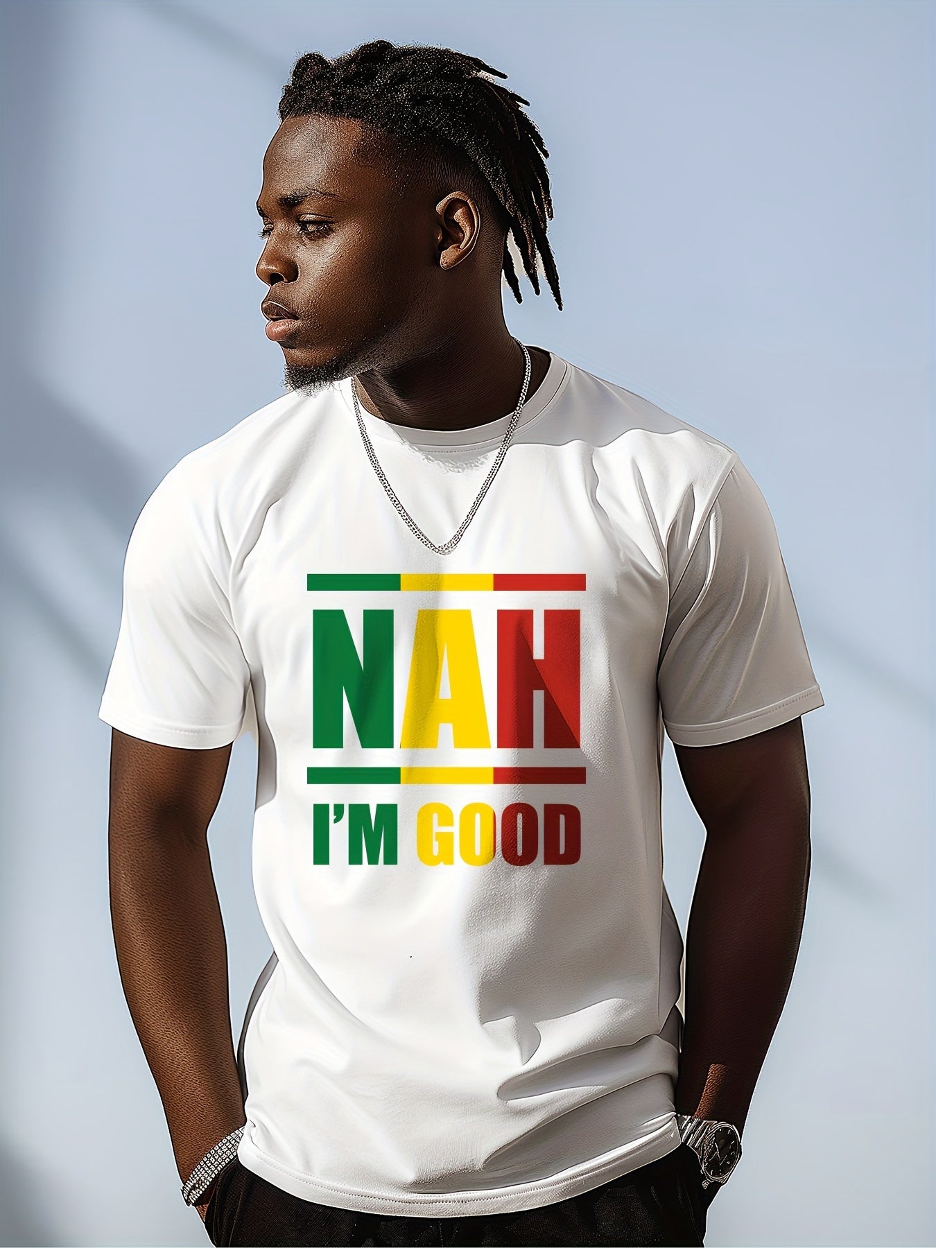 "NAH I'M GOOD" Colorful Printed Cotton Men's T-Shirt Graphic T-Shirt Men's Summer Clothing, 1 pc, 100% cotton T-shirt