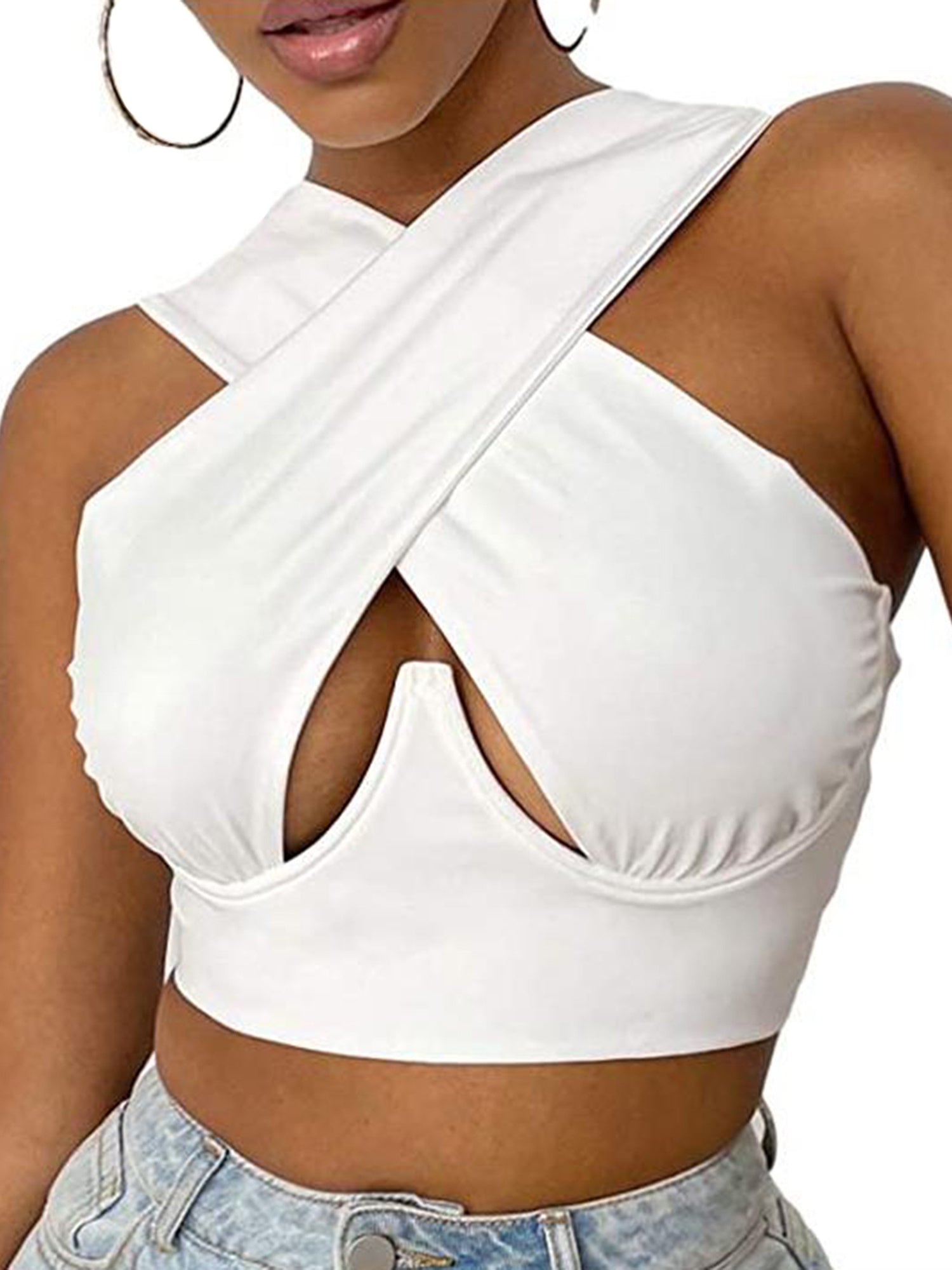 Slim Fit Sleeveless Summer Vest - Women Cropped Tops, Solid Color Hollow Out Crossed Design