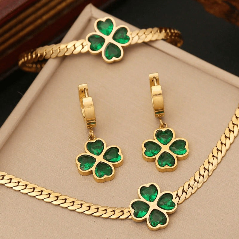 1set Green Heart Cubic & Flower Shaped Stainless Steel Jewelry Set for Women, 3pcs Including Necklace, Bracelet And Earrings, Suitable for Daily And Special Occasion, Ideal Choice for Gift