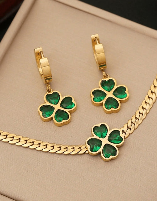 Load image into Gallery viewer, 1set Green Heart Cubic & Flower Shaped Stainless Steel Jewelry Set for Women, 3pcs Including Necklace, Bracelet And Earrings, Suitable for Daily And Special Occasion, Ideal Choice for Gift