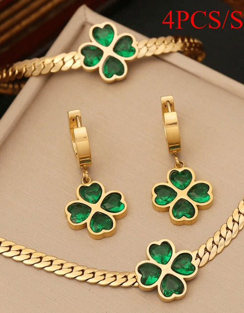 Load image into Gallery viewer, 1set Green Heart Cubic & Flower Shaped Stainless Steel Jewelry Set for Women, 3pcs Including Necklace, Bracelet And Earrings, Suitable for Daily And Special Occasion, Ideal Choice for Gift