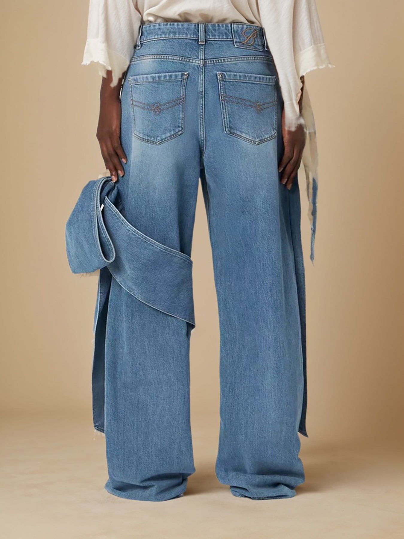 Blue Wide Leg Jeans with Bow-Tie Design Casual All-Season Polyester Blend Denim Pants with Slight Stretch for Comfort