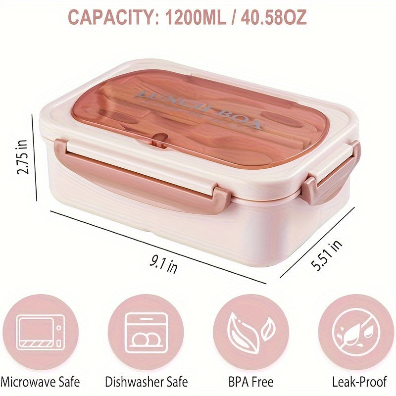 40.58oz Leak-Proof Bento Box with Cutlery - BPA-Free, Microwave Safe, 3 Compartments,  Secure Locking Lid