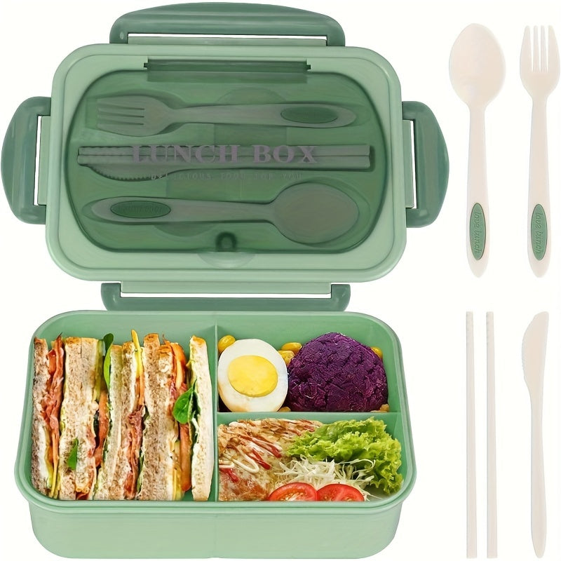 40.58oz Leak-Proof Bento Box with Cutlery - BPA-Free, Microwave Safe, 3 Compartments,  Secure Locking Lid