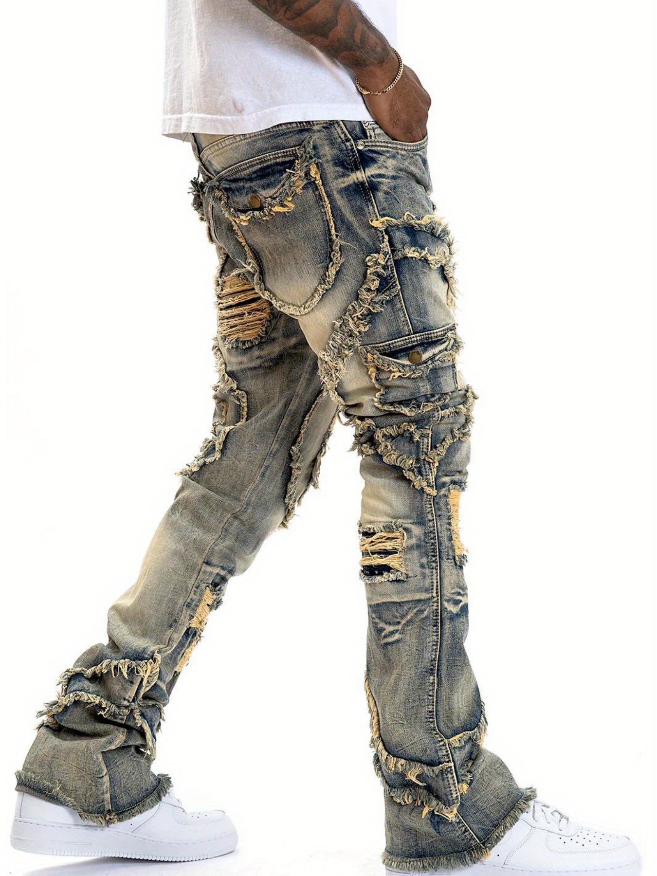 Men Black Stacked Jeans Slim Fit Ripped Jeans Destroyed Straight Denim Pants Hip Hop Trouser Streetwear