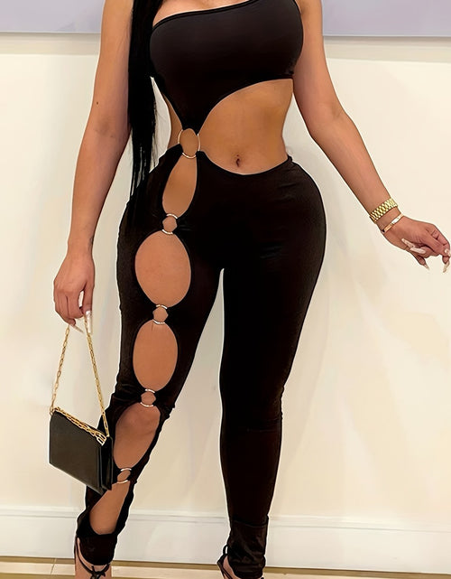 Load image into Gallery viewer, Women's Off-Shoulder Bodycon Jumpsuit with Brown Cut-Out Details - Stretchy Polyester, Machine Washable, Medium Elasticity - Spring/Summer/Fall Casual Wear, Seasonal Fashion, Sleek Fit Fabric