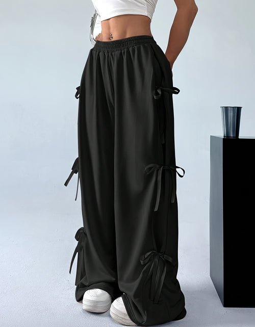 Load image into Gallery viewer, Plus Size, Women's Elegant Side Bow Tie Straps & Back Pockets Stretchy Loose Straight Leg Pants - Comfortable Elastic Waistband, Machine Washable, Spring Summer Fall Casual Outing Trousers, Seasonal Fashion, Durable Clothing