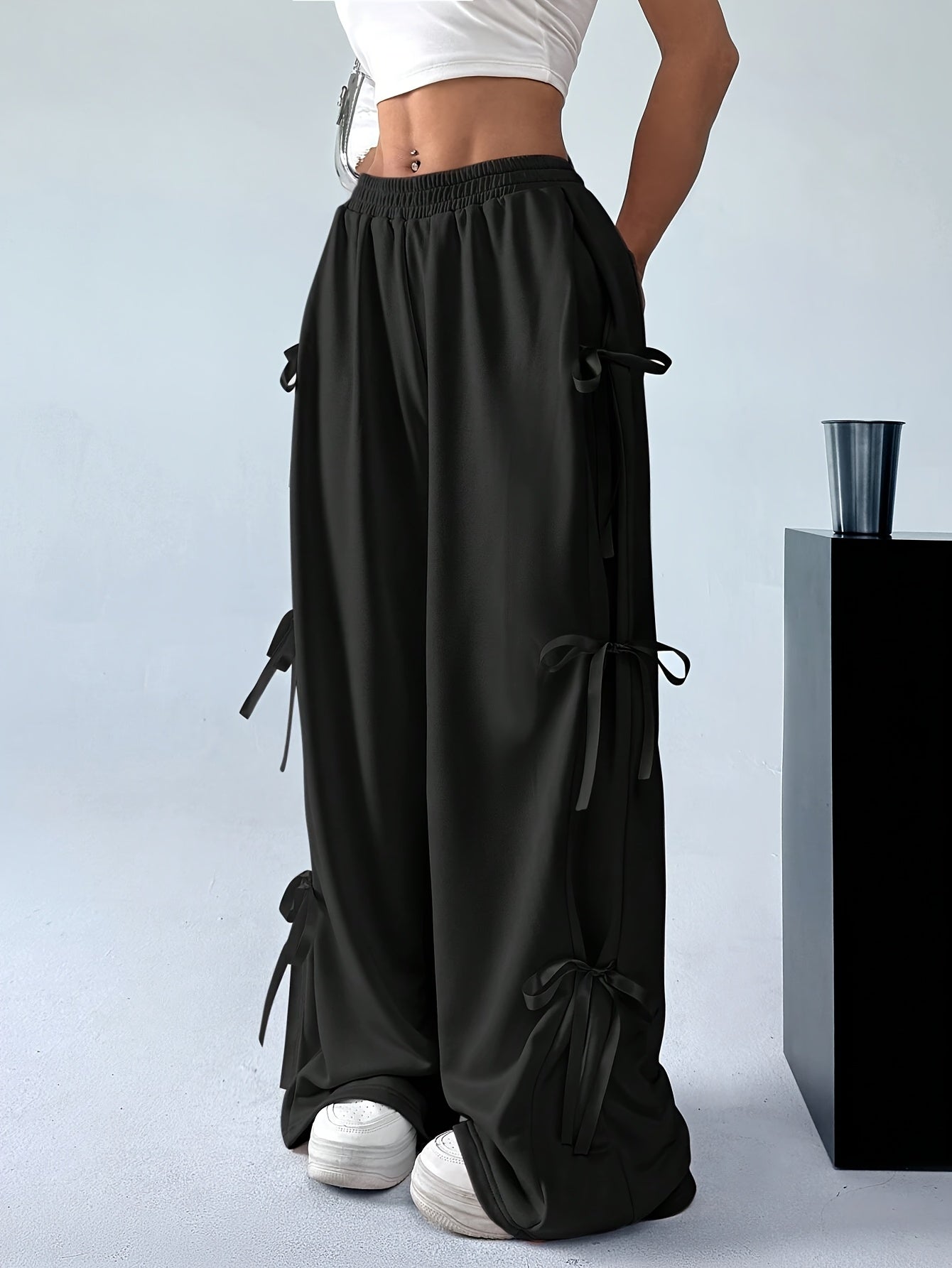 Plus Size, Women's Elegant Side Bow Tie Straps & Back Pockets Stretchy Loose Straight Leg Pants - Comfortable Elastic Waistband, Machine Washable, Spring Summer Fall Casual Outing Trousers, Seasonal Fashion, Durable Clothing