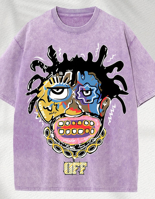 Load image into Gallery viewer, Home Relaxation | Men's Trendy Washed Cotton Graphic Tee - Blue Short Sleeve with Colorful Abstract Face & "OFF" Print, Casual Summer Shirt