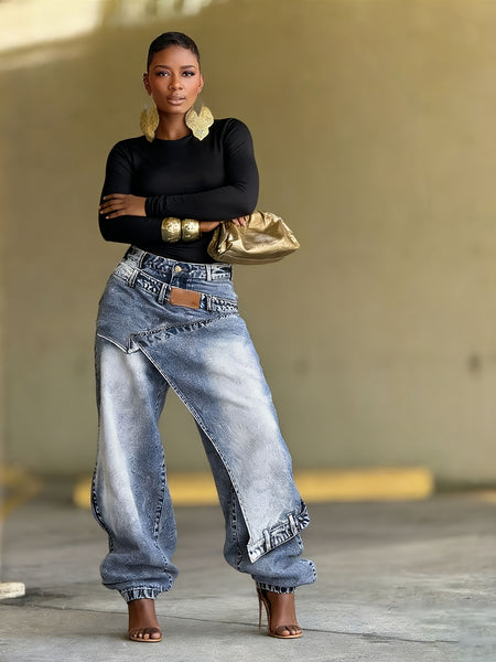 Women's Jeans with Unique Asymmetrical Cut, Distressed Wash, Loose Tapered Fit to Conceal And Slim, Pair with Metallic Accessories to Instantly Become A Street-style Icon