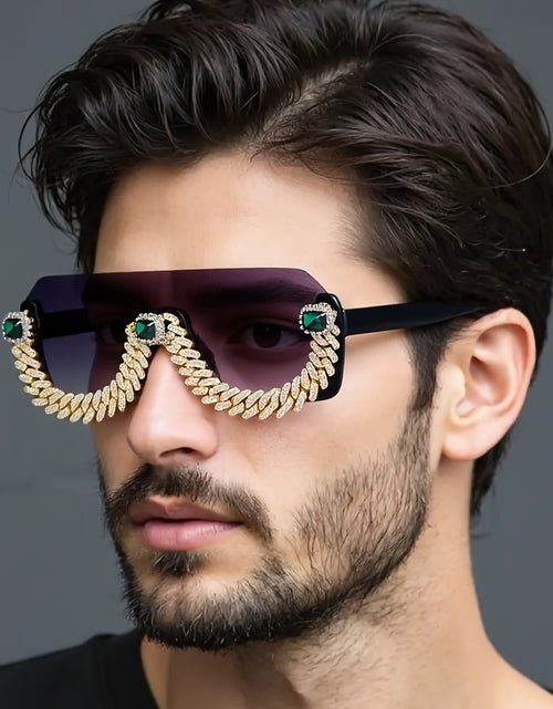 Load image into Gallery viewer, Men Hip-Hop Style Semi-Rimless Glasses with TAC Lenses, Zinc Alloy Frame, and Decorative Metal Chain - Fashionable Eyewear for Casual Wear
