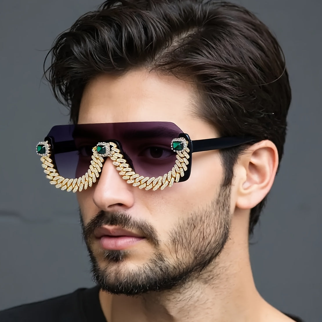 Men Hip-Hop Style Semi-Rimless Glasses with TAC Lenses, Zinc Alloy Frame, and Decorative Metal Chain - Fashionable Eyewear for Casual Wear