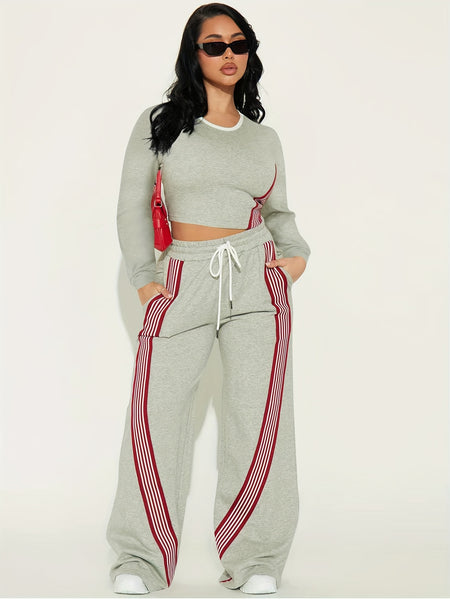 2pcs Women Casual Long Sleeved Top And Side Striped Style Drawstring Pocket Pants Set For Autumn And Winter