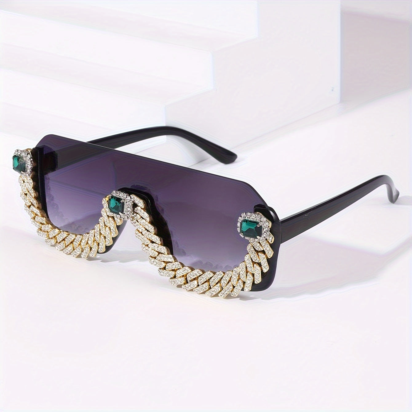 Men Hip-Hop Style Semi-Rimless Glasses with TAC Lenses, Zinc Alloy Frame, and Decorative Metal Chain - Fashionable Eyewear for Casual Wear