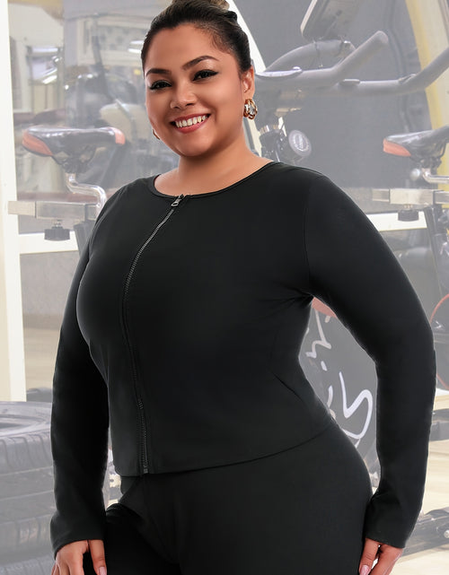 Load image into Gallery viewer, Women's Plus Size Long Sleeve Zip-Up Yoga Top - Stretchy Polyester Athletic Shirt, Breathable Workout Tee for Gym & Training, Black, Gym Wear | Sleek Design | Glossy Fabric