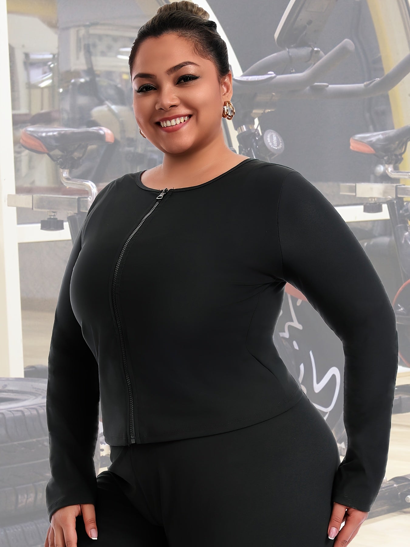 Women's Plus Size Long Sleeve Zip-Up Yoga Top - Stretchy Polyester Athletic Shirt, Breathable Workout Tee for Gym & Training, Black, Gym Wear | Sleek Design | Glossy Fabric