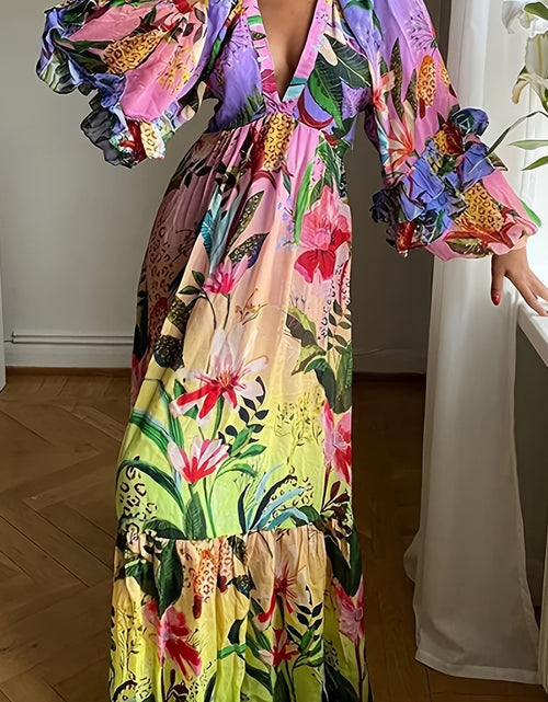 Load image into Gallery viewer, Women's Elegant Tropical Floral V-Neck Maxi Dress with Lantern Sleeves - Long, Flowy  for Spring/Summer/Fall, Deep V-Cut Waist, Vibrant Print, Polyester Blend, Machine Washable
