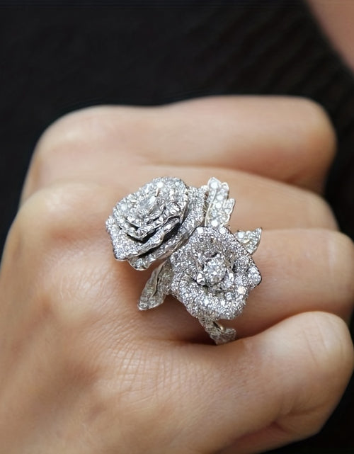 Load image into Gallery viewer, Elegant Copper Plated Double Rose Crystal Ring - Luxurious Synthetic Zirconia Floral Design for Women