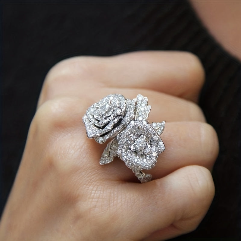 Elegant Copper Plated Double Rose Crystal Ring - Luxurious Synthetic Zirconia Floral Design for Women