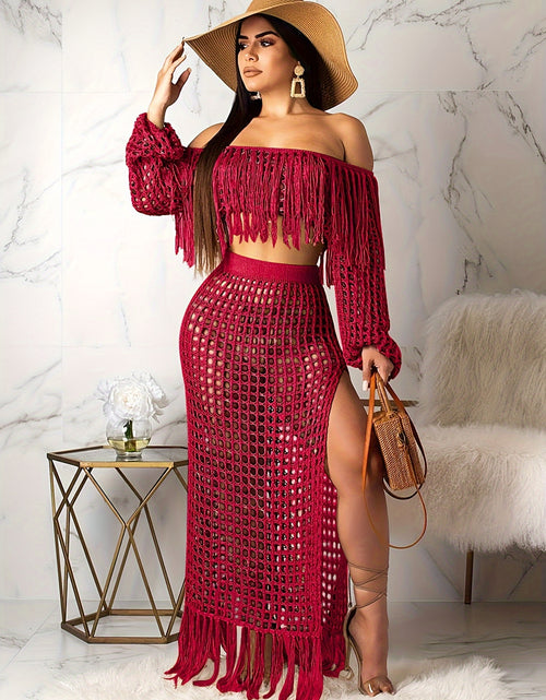 Load image into Gallery viewer, Off-Shoulder Fringe Two-Piece Set Casual Polyester Spandex Knit Long Sleeve Crop Top with Matching Skirt Solid Color Sheer Mesh Grid Pattern Elegant Spring/Fall Outfit
