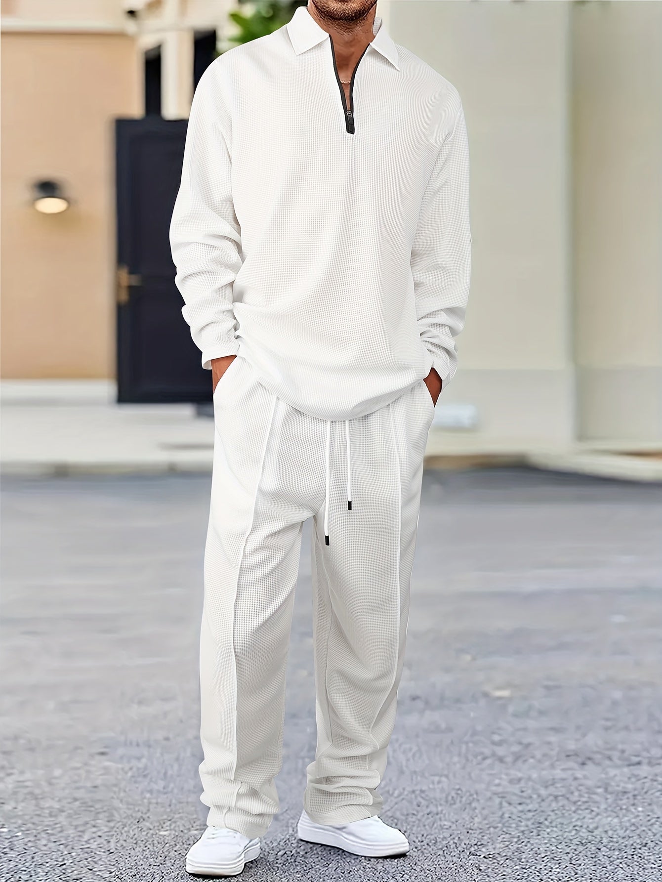 Men 2-Piece Solid Color Knitted Set, Comfortable Pullover Sweatshirt & Drawstring Pants for Daily Wear