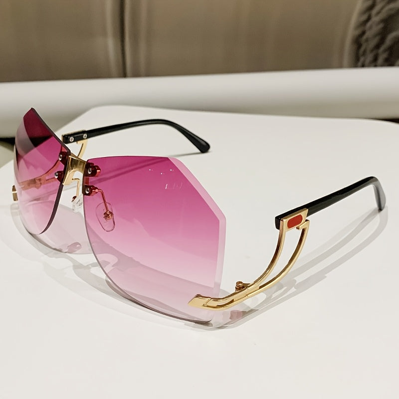 Frameless Oversized Fashion Glasses for Women - Gradient Pink to Clear Lenses, Hollow-Out Temple Arms, Protection & Anti-Glare Coating, Luxury Fashion Accessories
